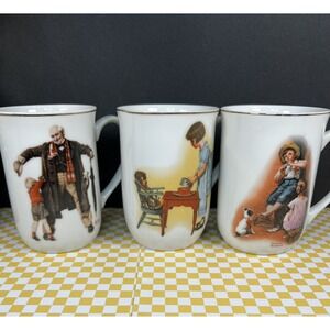 Norman Rockwell Mugs Set Of 3 GoldTrim  1936 The Saturday Evening Post, 1981 Vtg